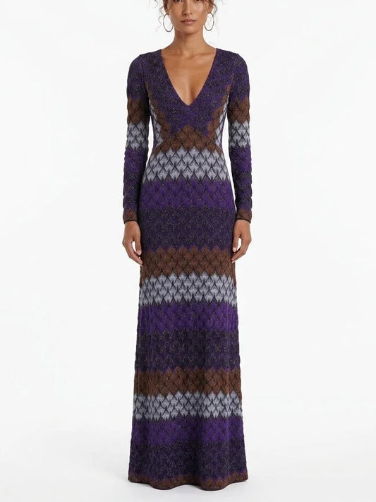 Long Sleeve V-Neck Lamé Knit Maxi Dress - S - Dresses