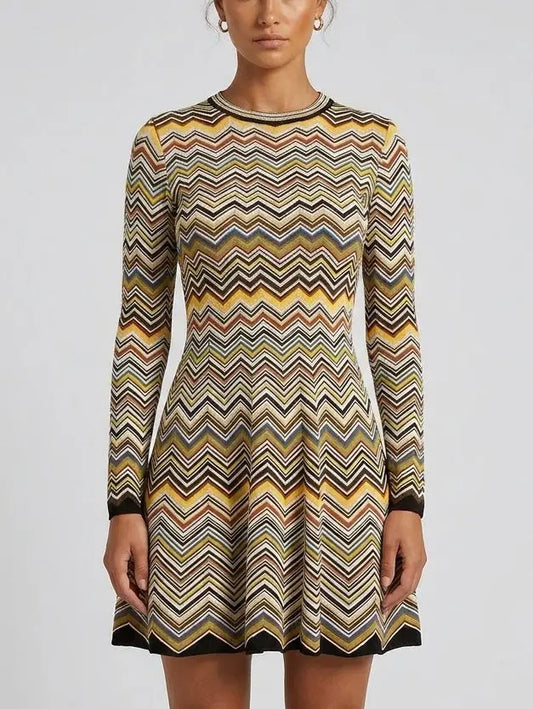 Long Sleeve Zig Zag Knit Fit and Flare Mini Dress - S - Dresses