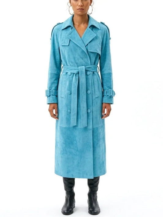 Long Turquoise Blue Suede Belted Trench Coat - S - Coats