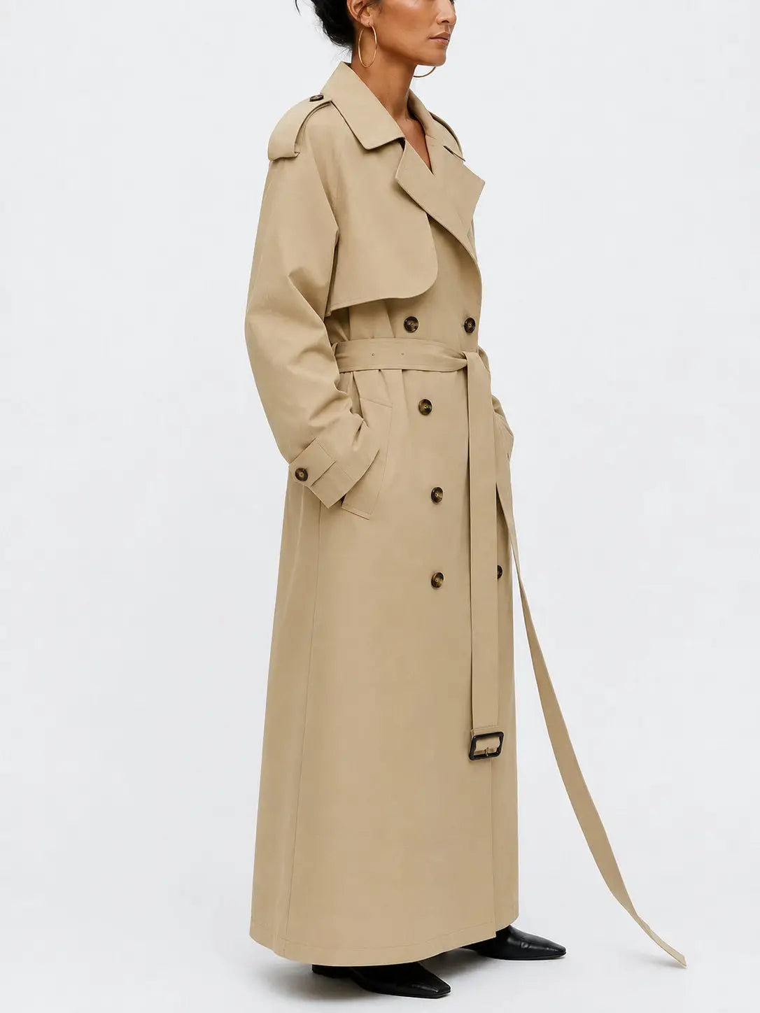 Long Beige Double Breasted Belted Trench Coat - Coats