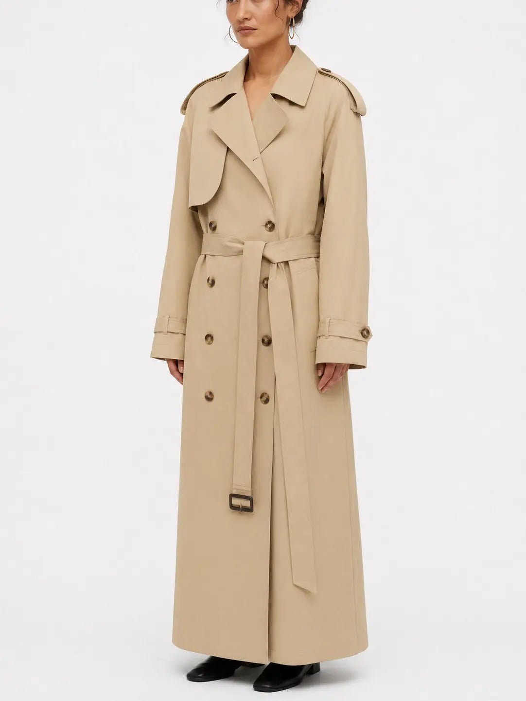 Long Beige Double Breasted Belted Trench Coat - Coats