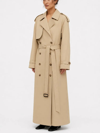 Long Beige Double Breasted Belted Trench Coat - Coats