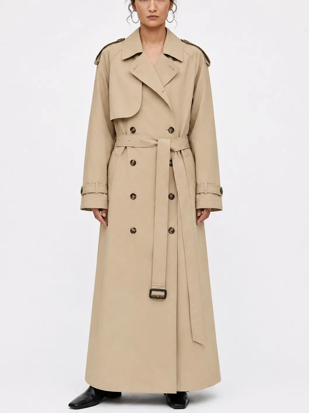 Long Beige Double Breasted Belted Trench Coat - Coats