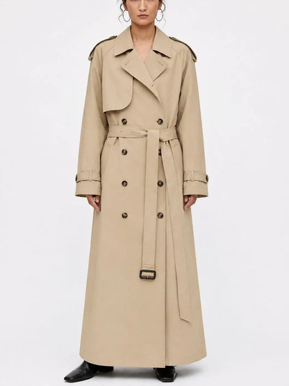 Long Beige Double Breasted Belted Trench Coat - Coats