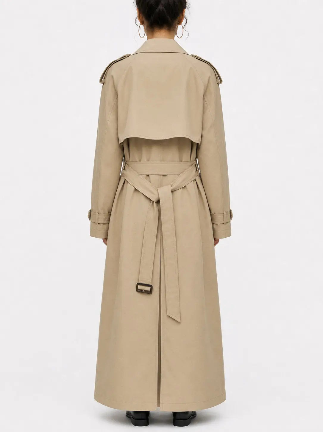 Long Beige Double Breasted Belted Trench Coat - Coats