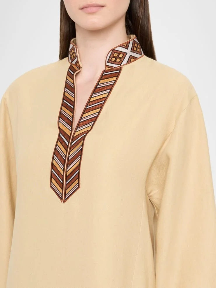 Long Beige Linen Kaftan Dress with Embroidery Dresses