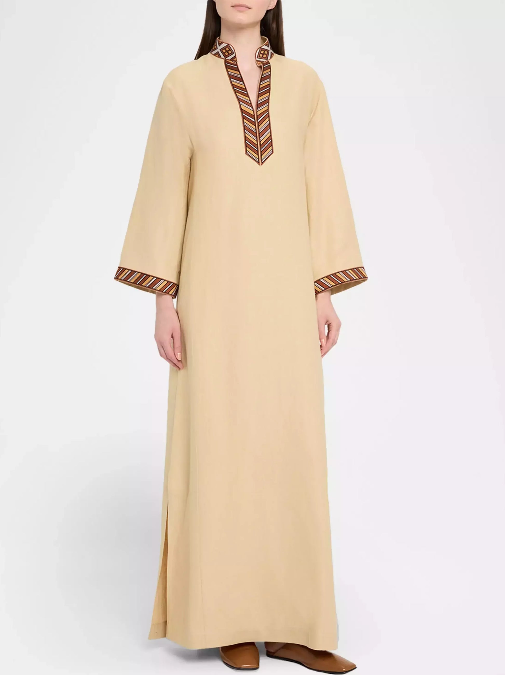 Long Beige Linen Kaftan Dress with Embroidery Dresses