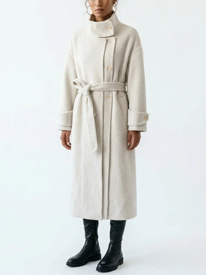 Long Belted Wool Coat with High Collar - Coats