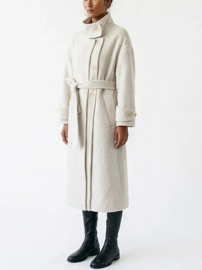Long Belted Wool Coat with High Collar - Coats