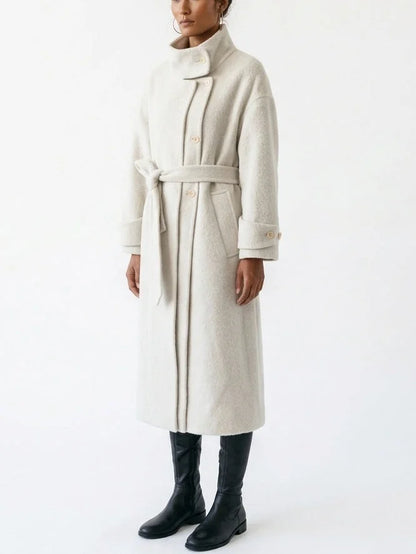 Long Belted Wool Coat with High Collar - Coats