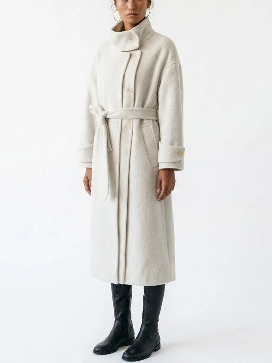 Long Belted Wool Coat with High Collar - Coats