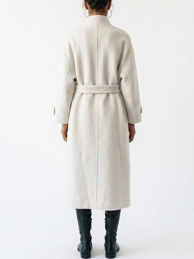 Long Belted Wool Coat with High Collar - Coats