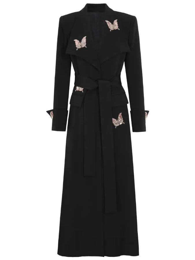Long Black Butterfly Embellished Trench Coat - Coats