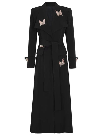 Long Black Butterfly Embellished Trench Coat - Coats