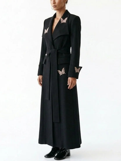 Long Black Butterfly Embellished Trench Coat - Coats