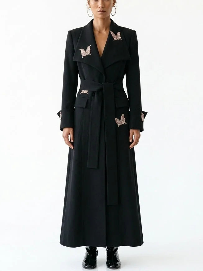 Long Black Butterfly Embellished Trench Coat - Coats