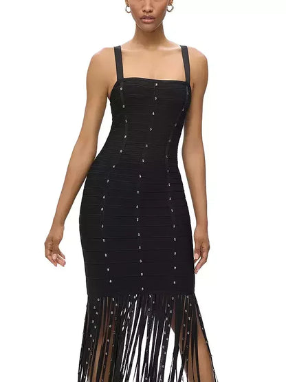 Long Black Crystal-Embellished Dress with Tassels - Dresses