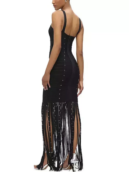 Long Black Crystal-Embellished Dress with Tassels - Dresses