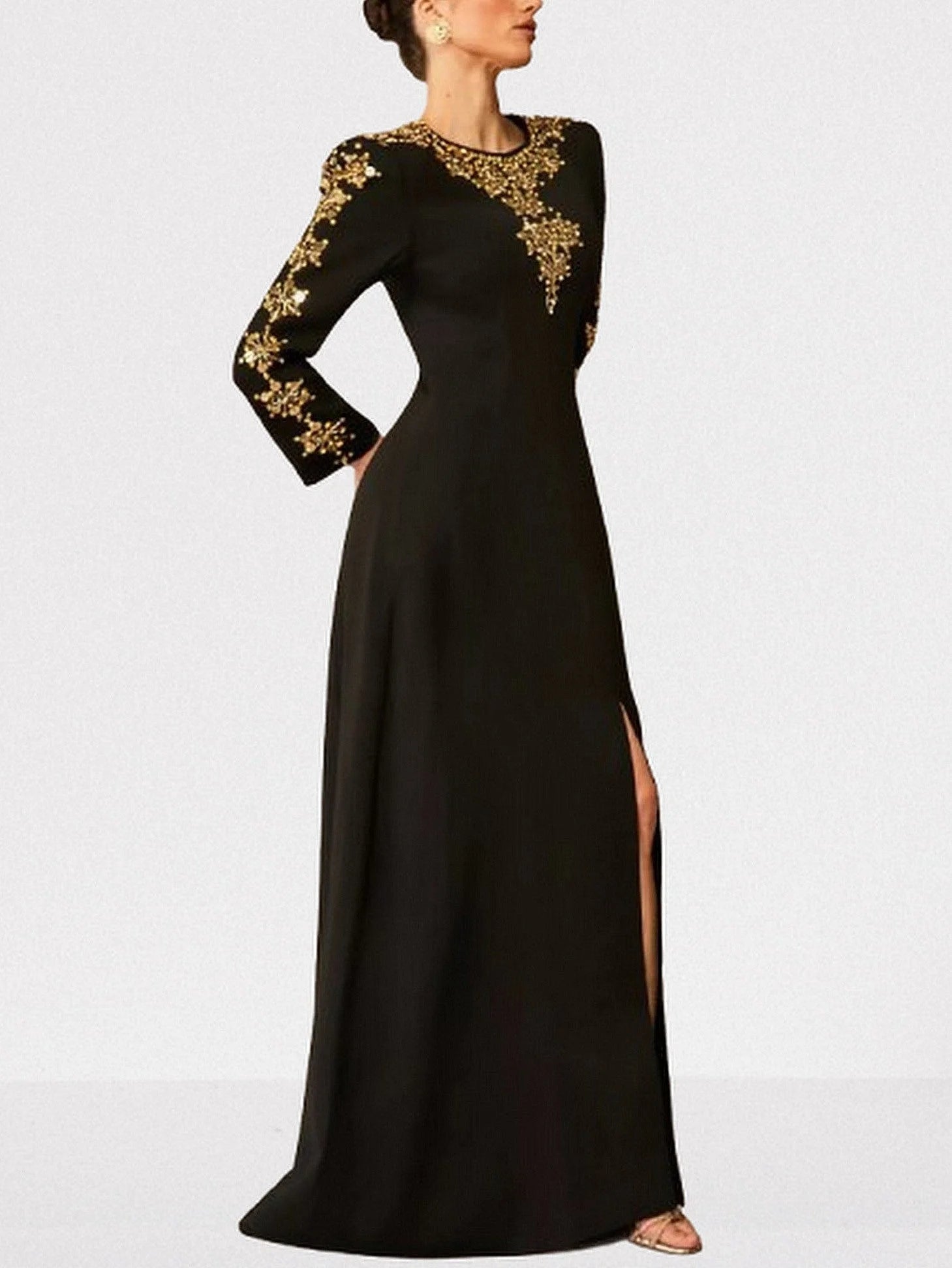 Long Black Gown with Beads and Rhinestones Dresses