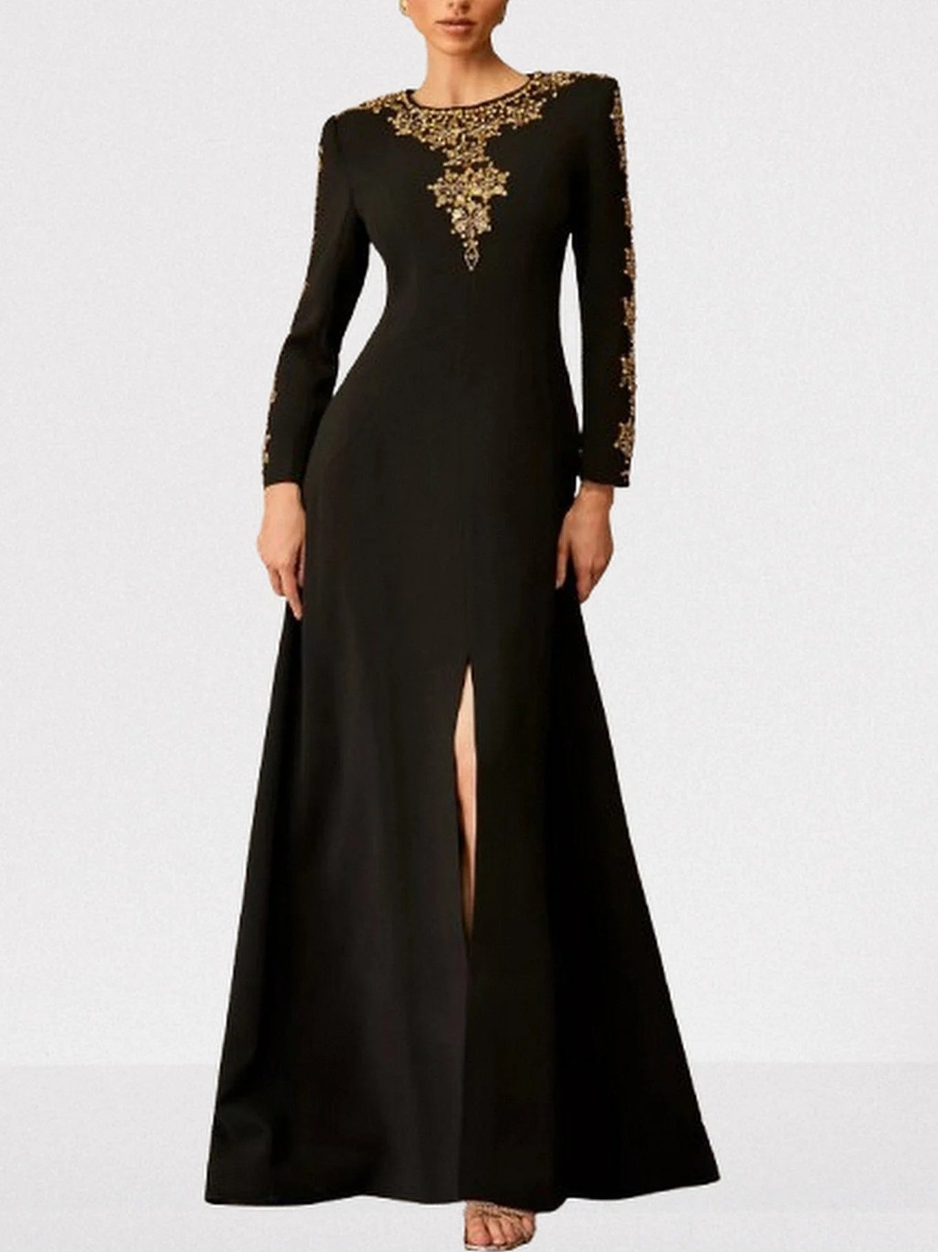 Long Black Gown with Beads and Rhinestones Dresses