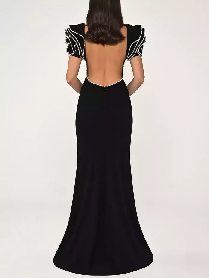 Long Black Gown with Short Crystal-Embellished Sculptured Sleeves