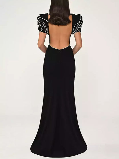 Long Black Gown with Short Crystal-Embellished Sculptured Sleeves