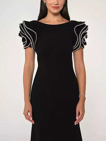 Long Black Gown with Short Crystal-Embellished Sculptured Sleeves