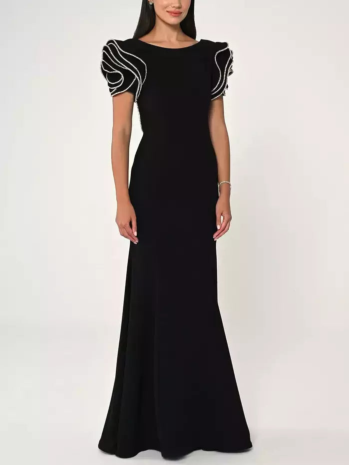 Long Black Gown with Short Crystal-Embellished Sculptured Sleeves