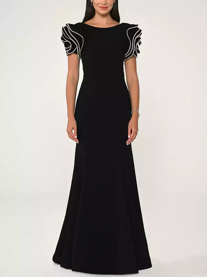 Long Black Gown with Short Crystal-Embellished Sculptured Sleeves