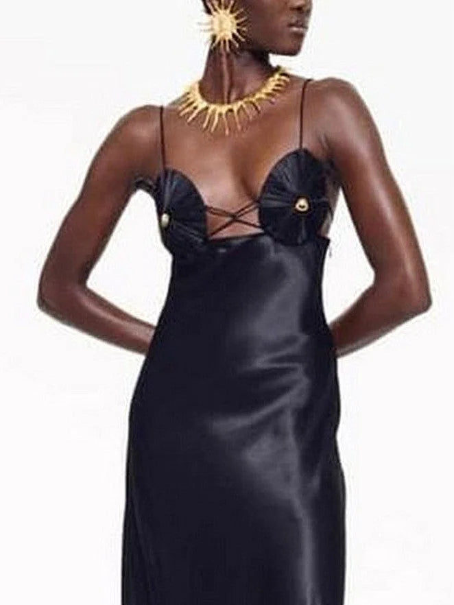 Long Black Satin Gown with Sculptured Bra Cups - Dresses