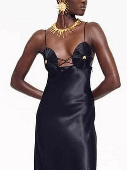 Long Black Satin Gown with Sculptured Bra Cups - Dresses
