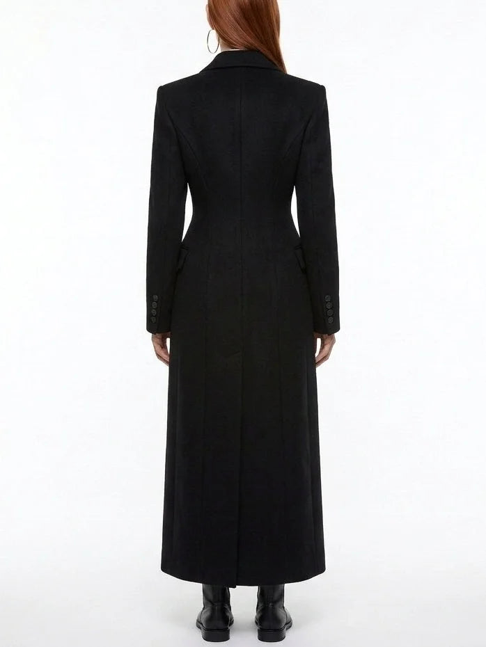 Long Black Sculpted Wool Blend Coat - Coats