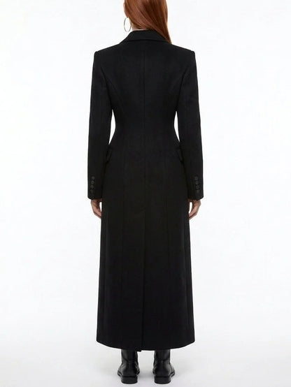 Long Black Sculpted Wool Blend Coat - Coats