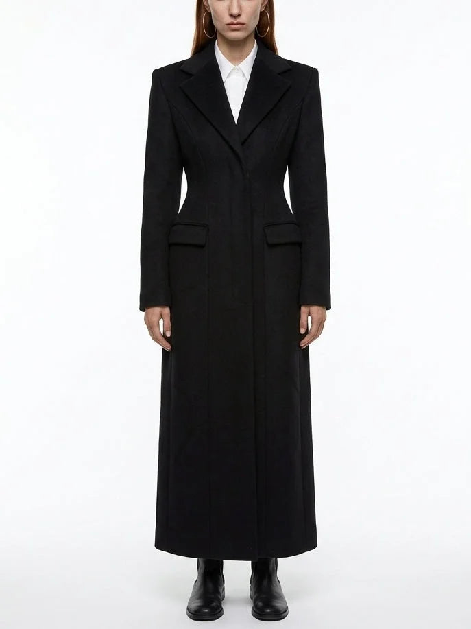 Long Black Sculpted Wool Blend Coat - Coats