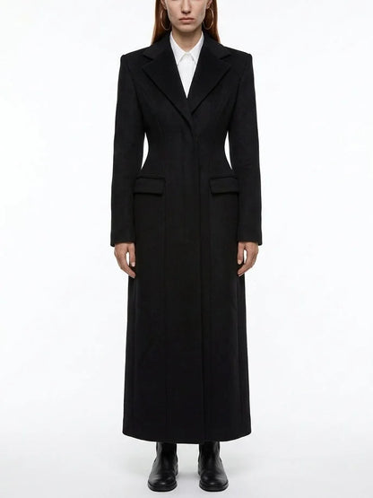 Long Black Sculpted Wool Blend Coat - Coats