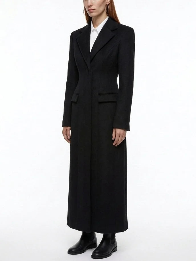 Long Black Sculpted Wool Blend Coat - Coats