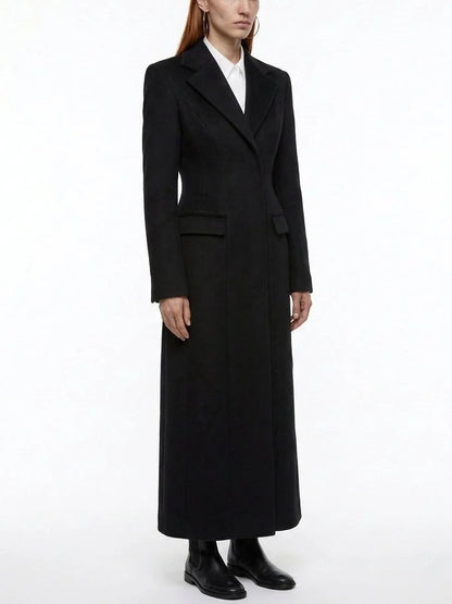 Long Black Sculpted Wool Blend Coat - Coats
