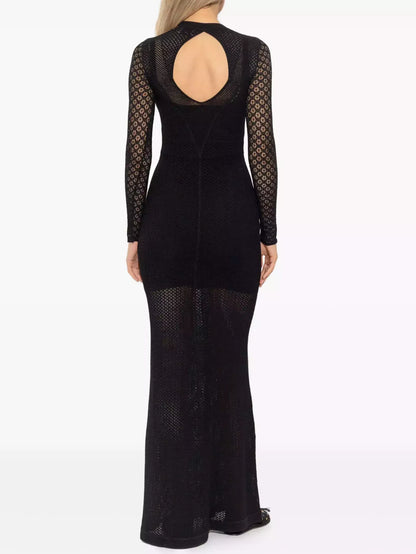 Long Black Sheer Knit Maxi Dress with Underslip - Dresses