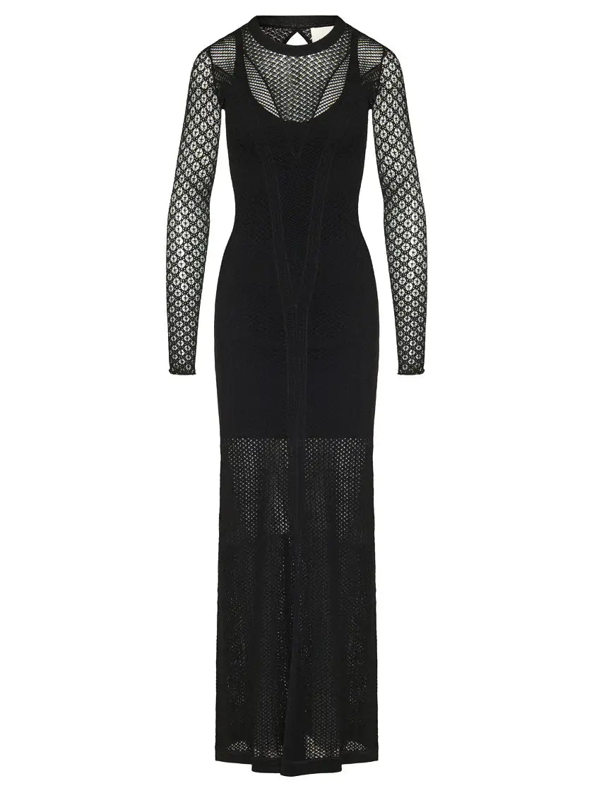 Long Black Sheer Knit Maxi Dress with Underslip - Dresses