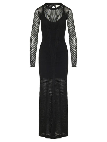 Long Black Sheer Knit Maxi Dress with Underslip - Dresses