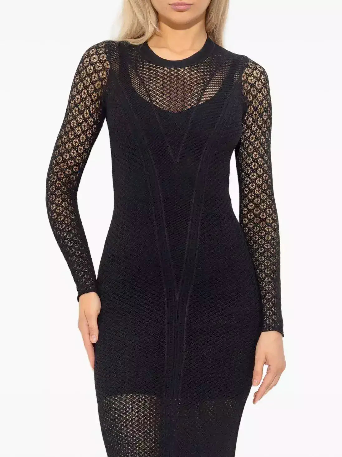 Long Black Sheer Knit Maxi Dress with Underslip - Dresses