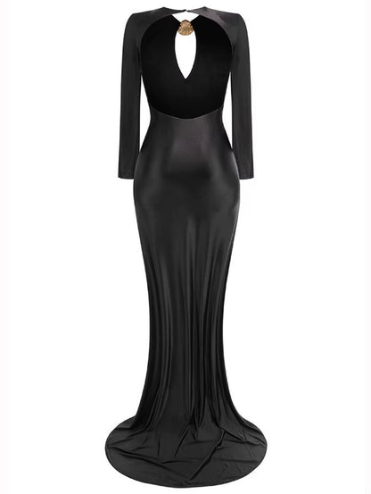 Long Black Stretch Jersey Gown with Gold Sea Shell Embellishment