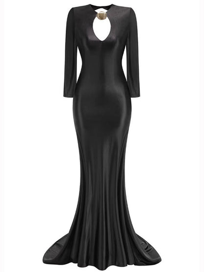 Long Black Stretch Jersey Gown with Gold Sea Shell Embellishment