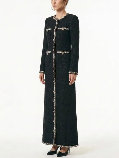 Long Black Tweed Coat with Braided Trim - Coats