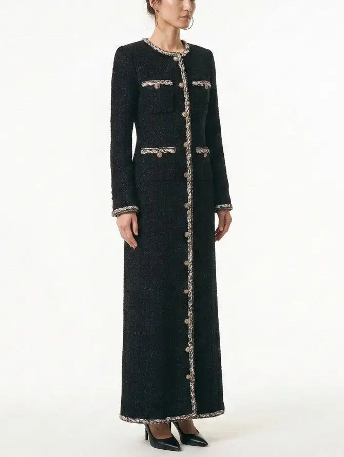 Long Black Tweed Coat with Braided Trim - Coats