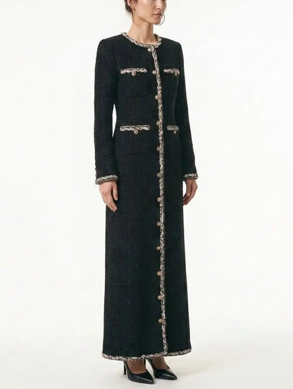 Long Black Tweed Coat with Braided Trim - Coats