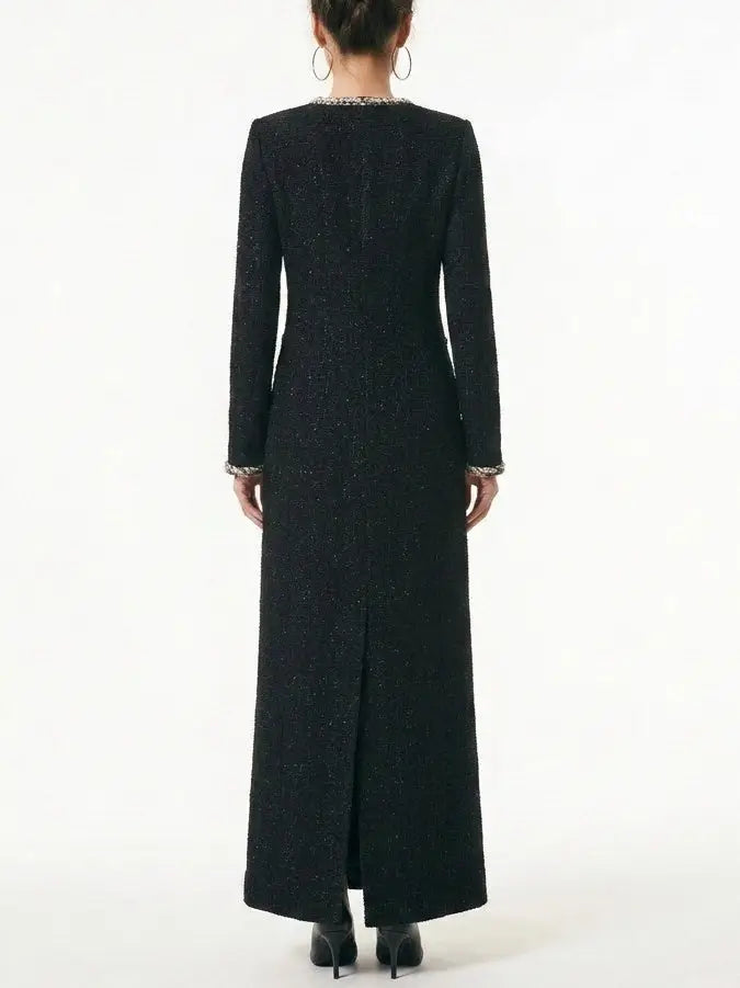 Long Black Tweed Coat with Braided Trim - Coats