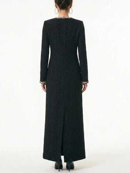 Long Black Tweed Coat with Braided Trim - Coats