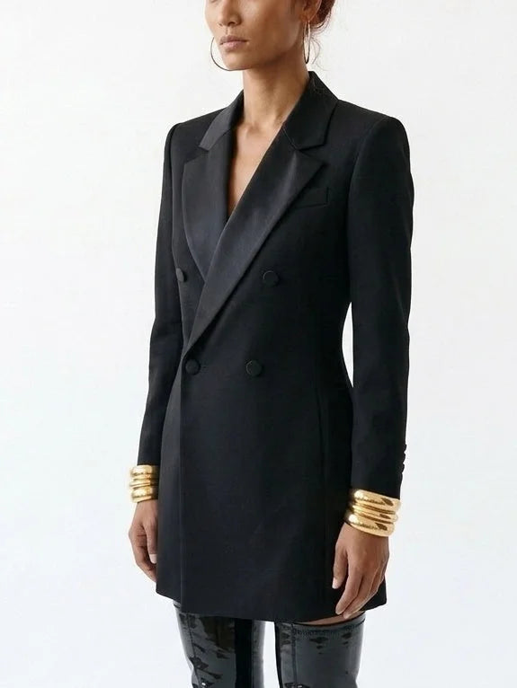 Long Black Wool Blend Double-Breasted Blazer - Jackets