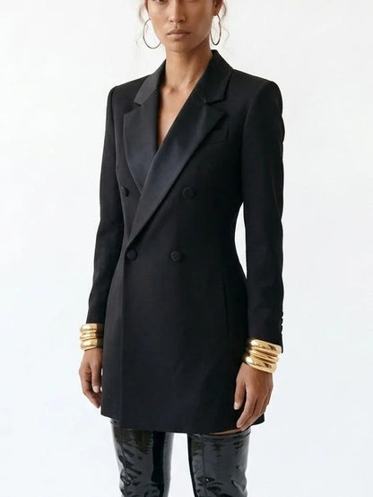 Long Black Wool Blend Double-Breasted Blazer - Jackets